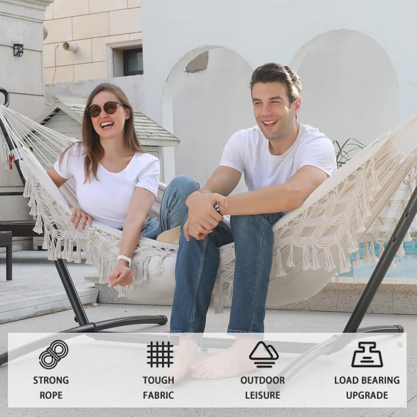 Double Hammock with Stand Upgraded Phone Holder Portable Heavy Duty Stainless Steel Indoor Outdoor Patio Yard Beach with Carrying Case （2022 Beige）