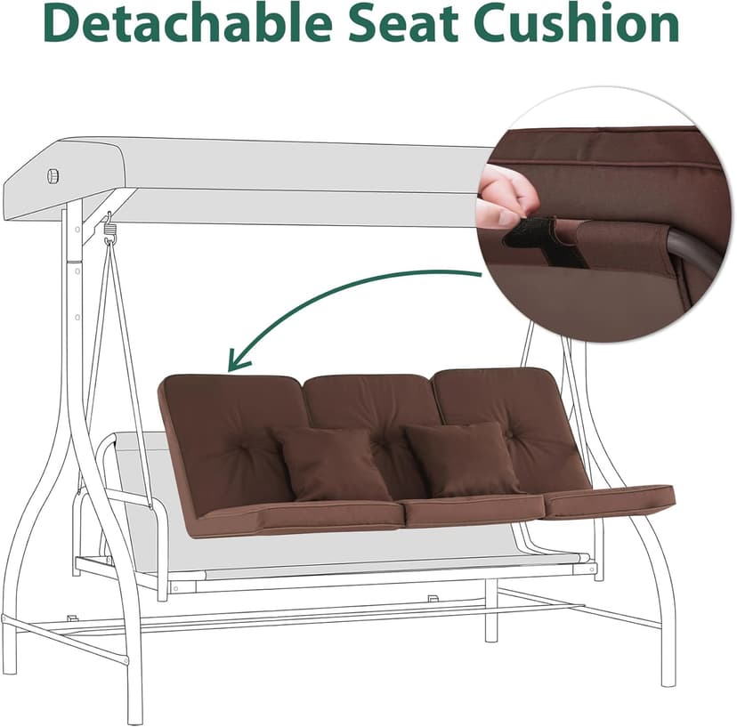MCombo 3-Seat Outdoor Patio Swing Chair, 2-in-1 Convertible Porch Swing Glider Chair with Removable Cushions, Adjustable Canopy & Pillows for Backyard, Deck, Garden, 4068 (Brown)