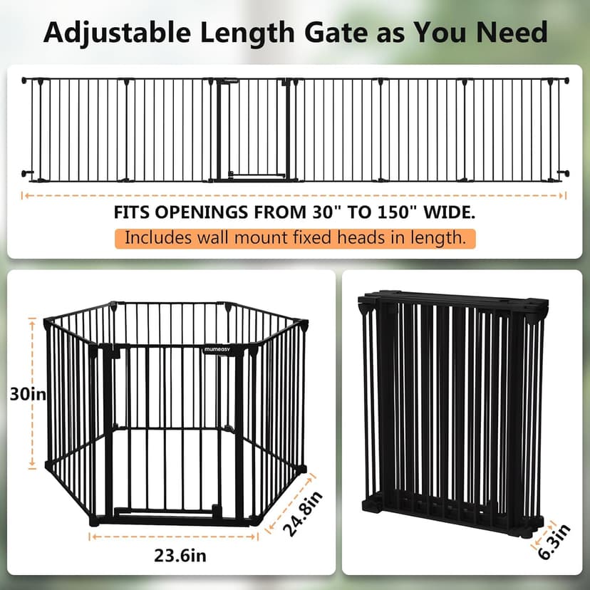 150" Extra Wide Baby Gate, Play Yard Child Safety Gate, Dog Gates with Auto-Close Door, Double Locking System for The House Doorways, Fireplace, Kitchen, 6-Panels, 30" Tall