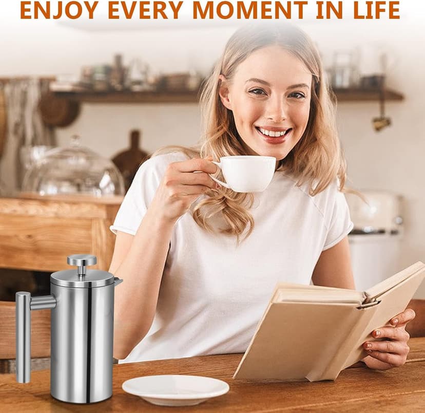 French Press Coffee Maker 50oz, 304 Stainless Steel Double Wall Insulated, Portable Coffee Press for Camping, Backpacking, Kitchen, Gift Set with Stainless Steel Filter - Silver