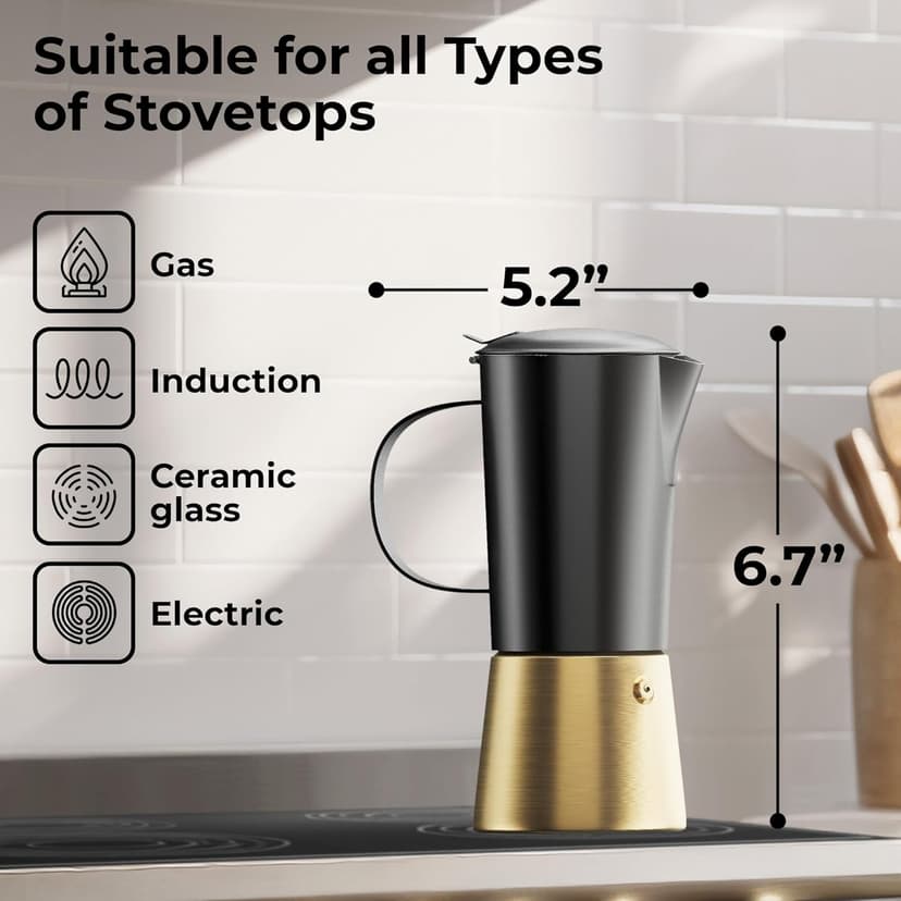 Moka Pot Espresso maker, Stovetop Stainless Steel Manual Espresso Italian Cuban Coffee Maker, 6 cups (350 ml), Elegant Coffee Maker Percolator Cafetera, Black/Gold