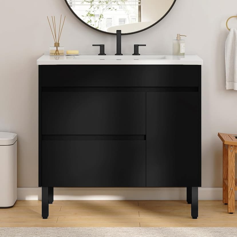 YITAHOME 36 Inch Bathroom Vanity with Sink, Bathroom Cabinet Vanity for Media Space, Freestanding Storage Bathroom Vanity with 1 Soft Closing Cabinet & 2 Drawers, Black