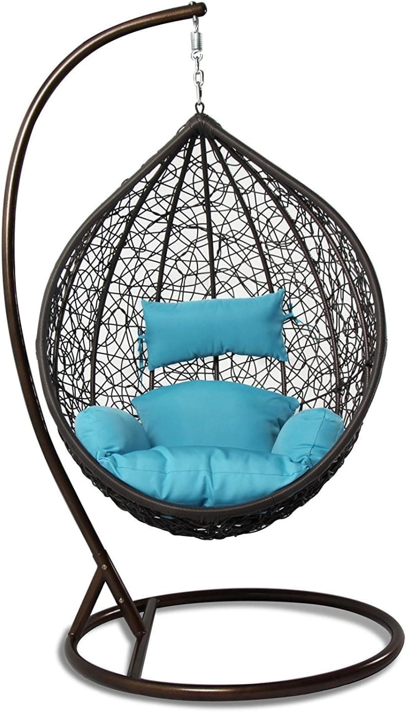 Island Gale Hanging Basket Chair Outdoor Front Porch Furniture with Stand and Cushion (Brown Wicker, Turquoise Cushion)