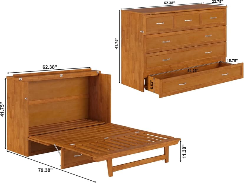 AFI, Northfield Queen Murphy Bed Chest with 6" Mattress, Storage Drawer & Built-in USB Charger, Light Toffee
