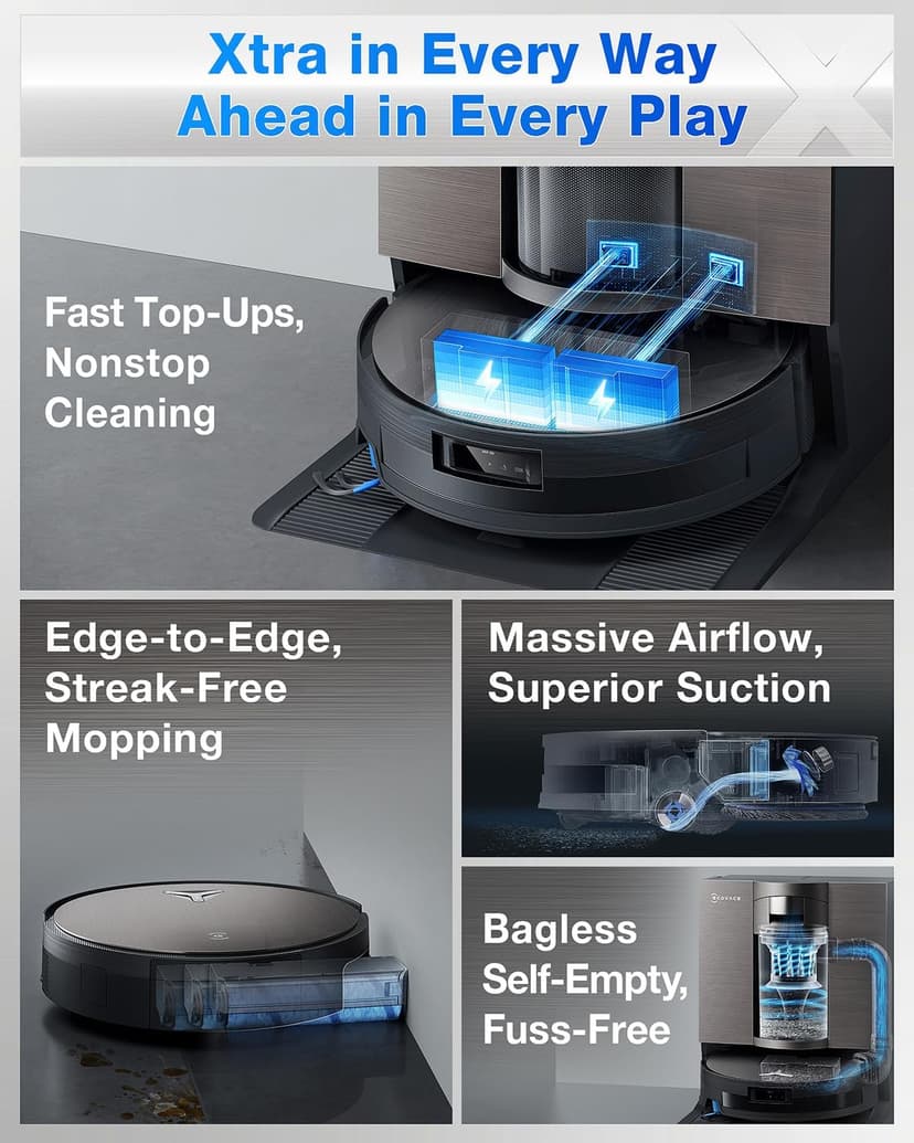 ECOVACS DEEBOT X11 OmniCyclone Robot Vacuum and Mop, PowerBoost Charging, OZMO Roller 2.0 Instant Self-Washing Mop, 19,500Pa Suction, Bagless OmniCyclone Station, AIVI 3D Smart Navigation