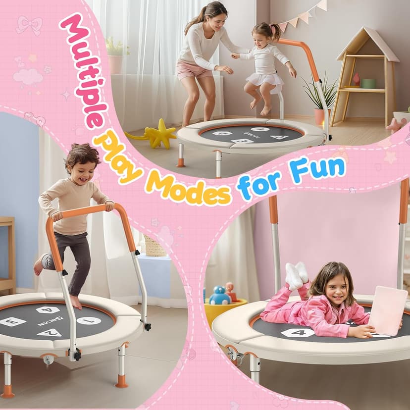 BCAN 36'' Toddler Trampoline, ASTM Certified-Foldable Mini Trampolines for Kids Ages 1-6, Adjustable Handle, Safety Pad & Foldable Legs, Baby Trampoline Indoor/Garden, Gift for Boy and Girl
