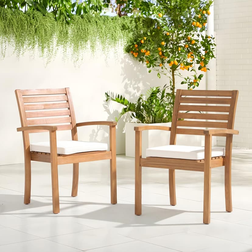 OC Orange-Casual Stackable Patio Dining Chairs Set of 4, Outdoor Acacia Wooden Chairs w/Armrest & Removeable Fabric Cushion, for Porch, Backyard, Garden, Indoor, Beige