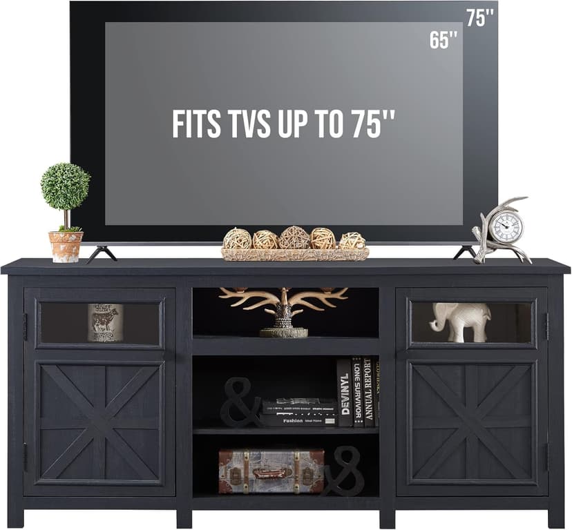 JXQTLINGMU Farmhouse TV Stand for 75 Inch TV, Entertainment Center with Storage, Rustic TV Cabinet with Barn Doors, 66" TV Console for Living Room, Adjustable Shelf - Black