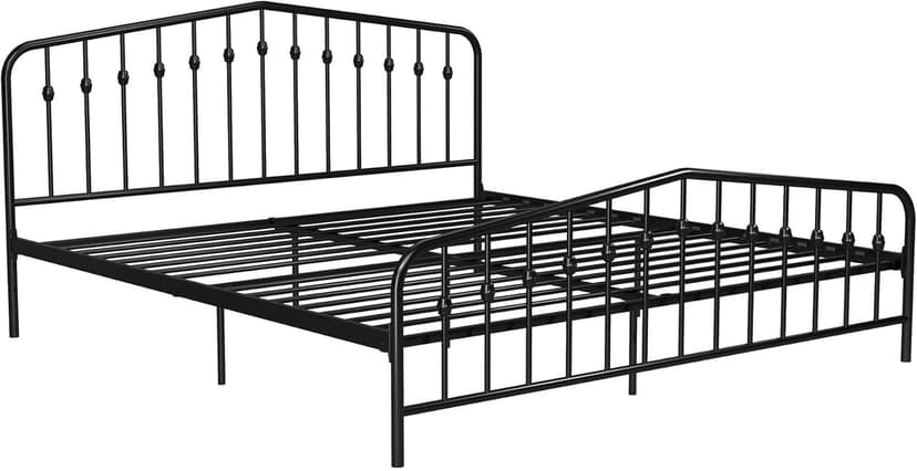 Novogratz Bushwick Modern Metal Bed, Slightly Triangular Headboard and Footboard with Inset Spindles, Adjustable Base Height for Underbed Storage, Requires No Box Spring, King Size - Black