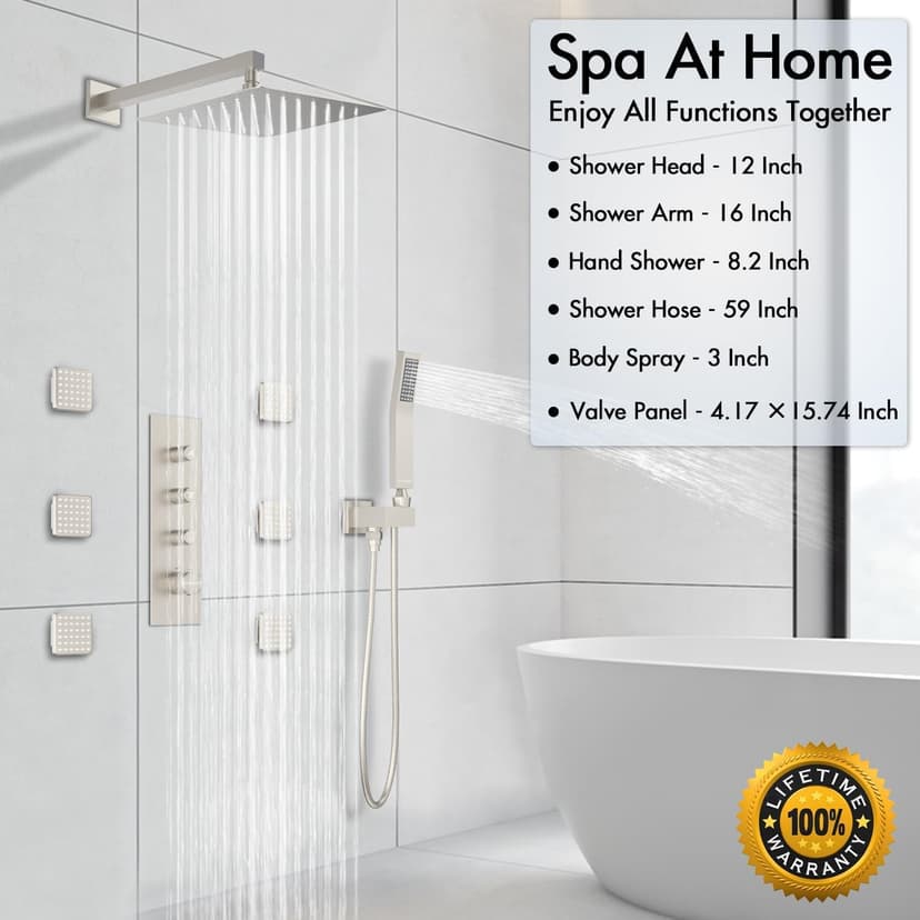 Shower Jets System, 12 Inch Thermostatic Rainfall Shower System with 6 Body Spray Jets (Can All Run Together) Full Body Spray Shower System, Shower Valve Included, Brushed Nicke