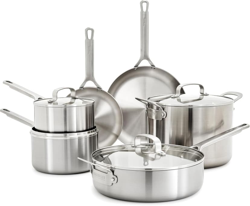 GreenPan x Bobby Flay 10 Piece Stainless Steel Cookware Set, Tri-Ply Multiclad Pots & Pans, Professional Grade, Oven & Broiler Safe to 600°F, Dishwasher Safe, Durable, Induction Compatible, Silver