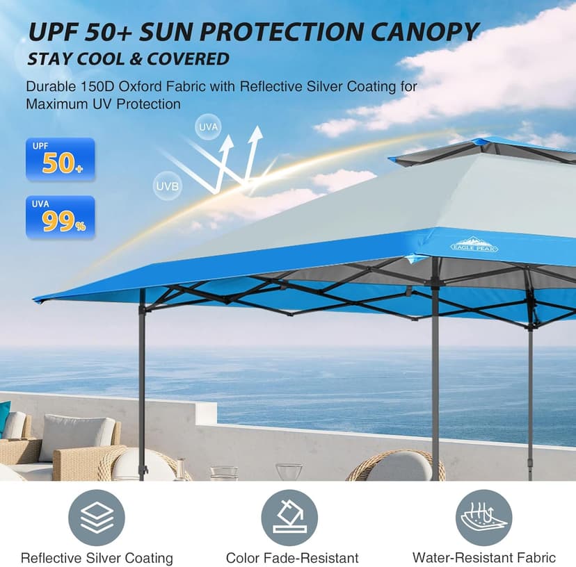EAGLE PEAK 13x13 Straight Leg Pop Up Canopy Tent Instant Outdoor Canopy Easy Single Person Set up Folding Shelter w/Auto Extending Eaves 169 Square Feet of Shade (Light Blue)