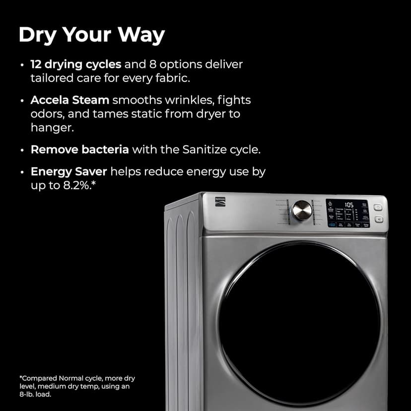 Kenmore 2682273 Front Load Electric Dryer with Steam, Wrinkle Guard, Energy Saver, Smart Sensor Drying System, 8.0 cu. ft. Total Capacity, Metallic Silver