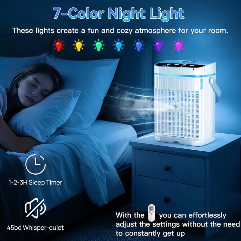 Portable Air Conditioners,1200ML Cooling fan Mini Air Conditioner with Remote Control,3 Wind Speed & 7 LED Light,3 Cool Mist& 1-3H Timer,Personal Air Conditioner Evaporative Air Cooler for Room/Office