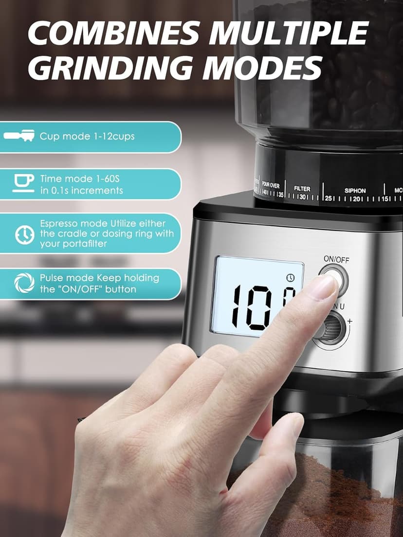 Homtone Conical Burr Coffee Grinder, Anti-Static Electric Espresso Grinder with 51 Precise Settings, Adjustable for 2-12 Cups, 120V Clog-Free, Digital Display Stainless Steel