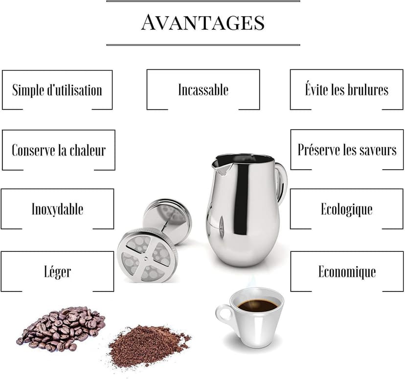 VeoHome - 1 Litre piston coffee maker - Unbreakable and keeps coffee hot for a long time thanks to its double stainless steel shell…