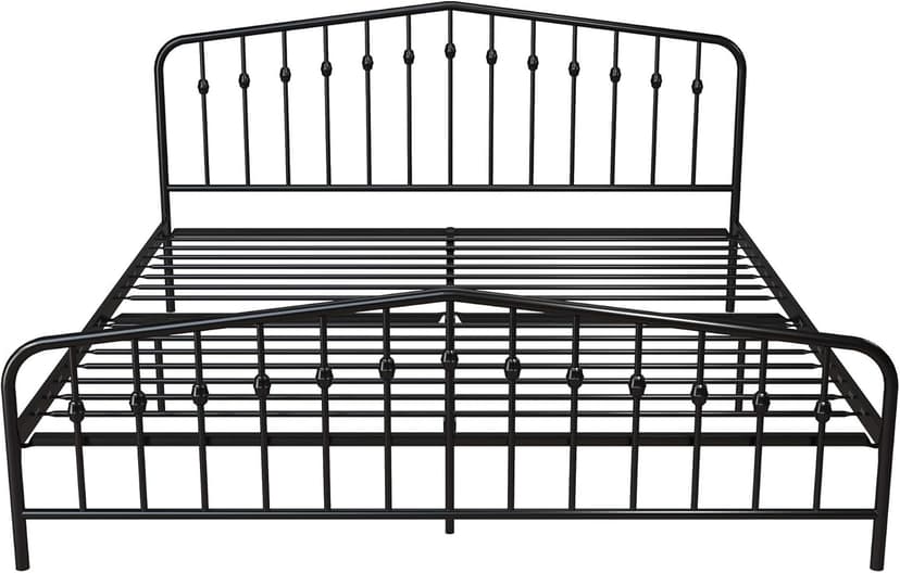 Novogratz Bushwick Modern Metal Bed, Slightly Triangular Headboard and Footboard with Inset Spindles, Adjustable Base Height for Underbed Storage, Requires No Box Spring, King Size - Black