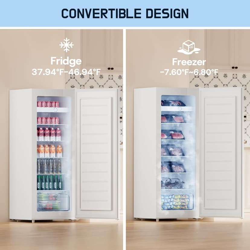Upstreman 7.0 Cu.Ft Upright Freezer Large Capacity Convertible Refrigerator/Freezer, 5 Adjustable Shelves, Energy Efficient, Garage Ready, Reversible Door for Basement, Dorm, Apartment,White