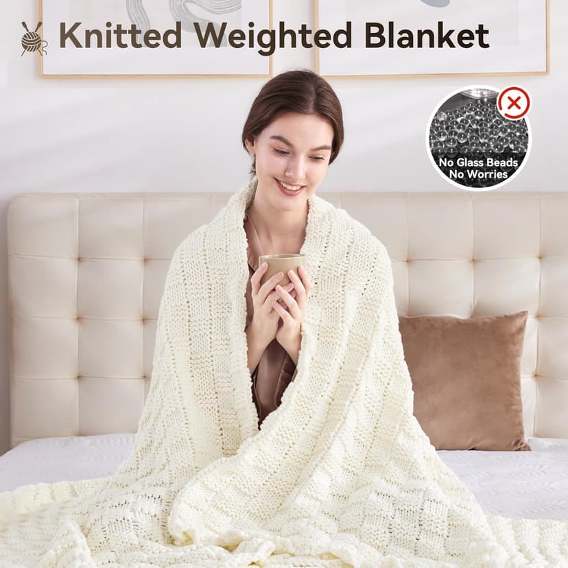 Knitted Weighted Blanket for Adult, No Beads Heavy Blanket 48” x 72'' 12lbs, Breathable Chunky Knit Blanket, Cooling Weighted Blanket for Hot Sleepers, Christmas Home Decor (Ivory White)