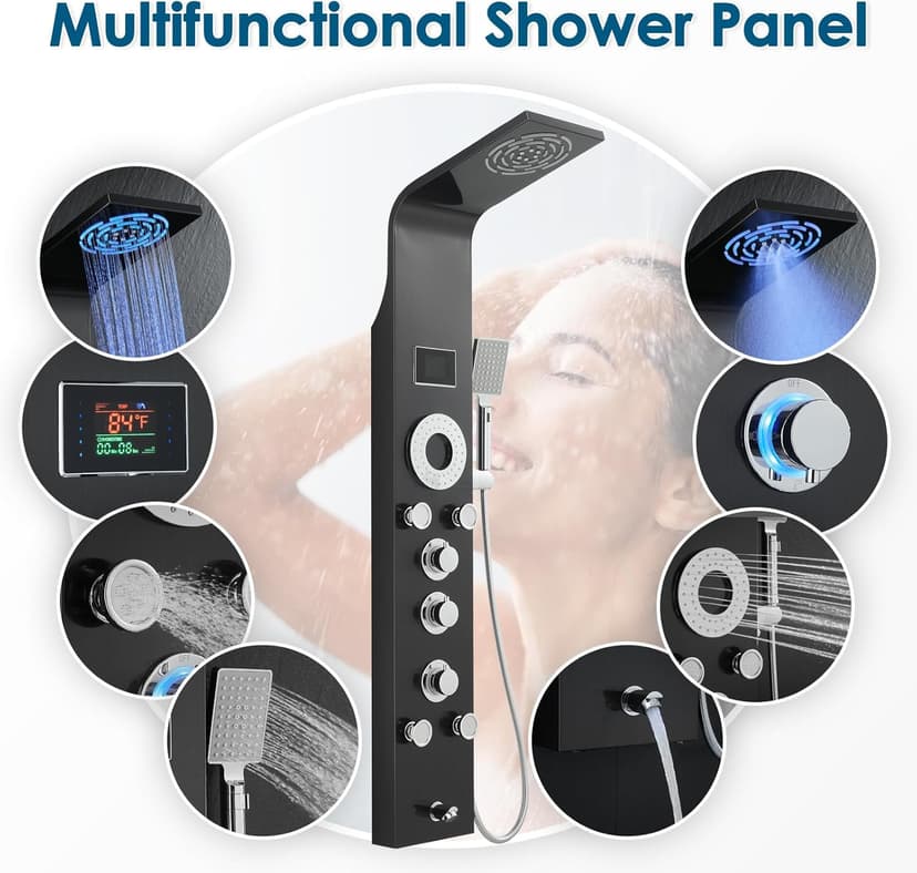 ROVOGO Shower Panel Tower System with Rainfall Mist Shower Head, Body Jets, Handheld and Tub Spout, Led Lights and Temp Display No Battery Needed, Unibody Shower Column 304 Stainless Steel Black