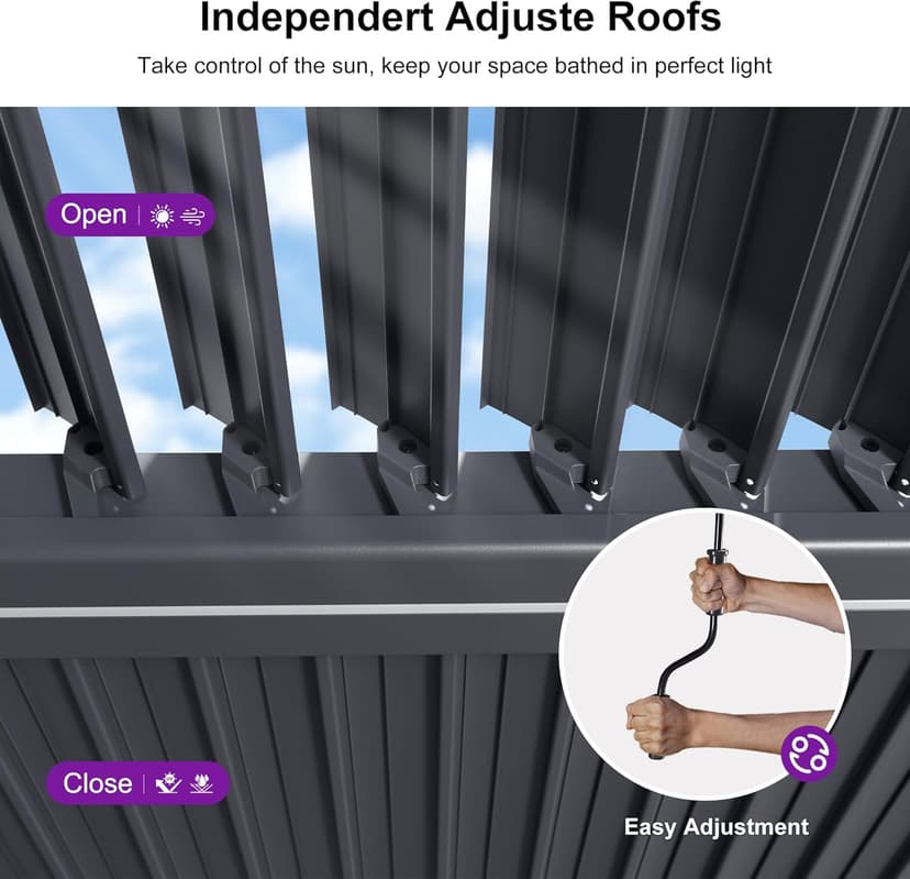 PURPLE LEAF Solar Louvered Pergola 92KS 10' x 12' with LED String Lights and Control Panel Aluminum Outdoor Pergola with Adjustable Roof for Patio Deck Garden Yard Gray