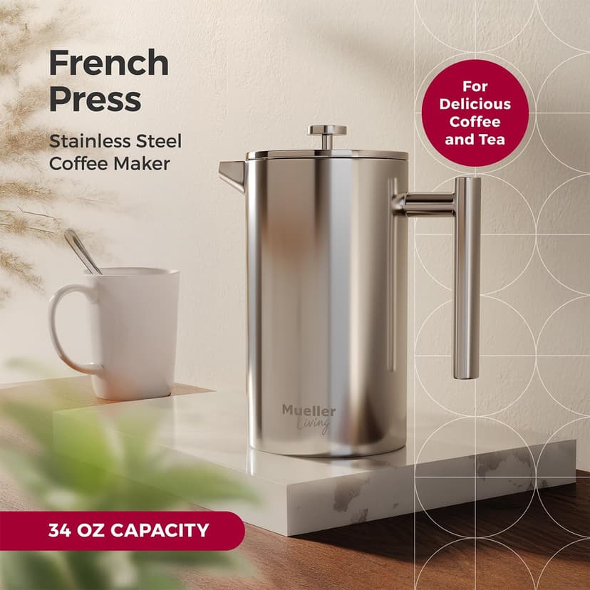 MuellerLiving French Press Coffee Maker 34oz, Stainless Steel French Press Coffee, 4 Filter Heat Resistant Double Insulated, Rust-Free, Food Grade, Dishwasher Safe Coffee Pot