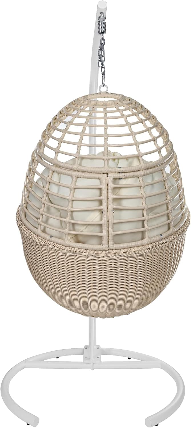 TWT Egg Swing Chair with Stand Hanging Egg Chair Outdoor - Rattan Wicker Patio Hanging Basket Chair Hammock Chair with Metal Frame and UV Resistant Cushion for Indoor Bedroom Balcony (Beige)
