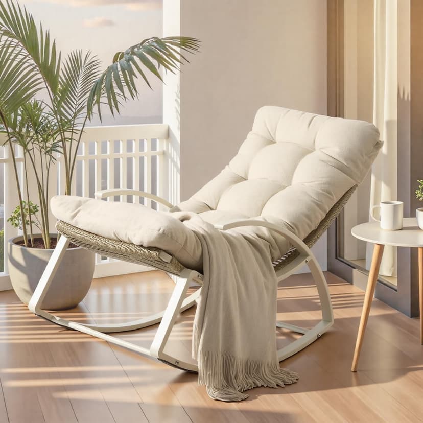 IRONCK Patio Rocking Chair, Outdoor Rocking Chair with Armrest and Cushion, Handwoven Twisted Rattan Rocker for Indoor Living Room Balcony Garden Porch, Beige