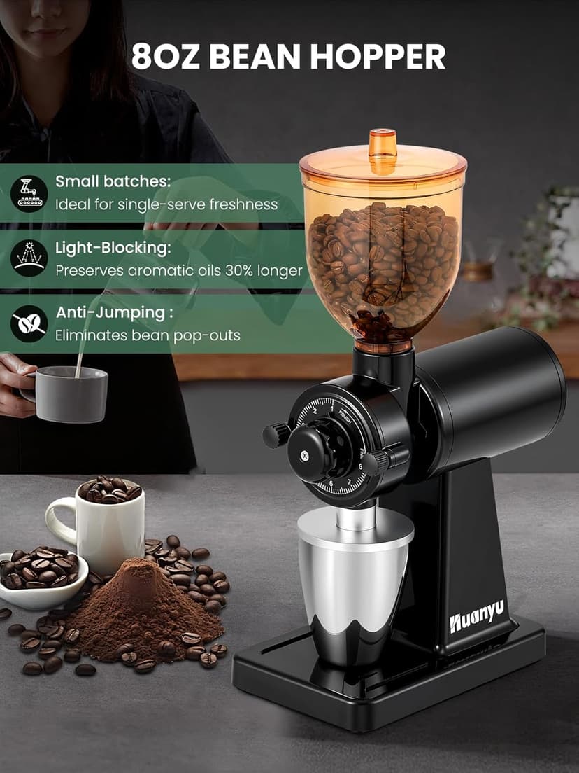 Huanyu Flat Burr Coffee Grinder Large Capacity 35oz Red and Huanyu Electric Coffee Bean Grinder with Closed Grinding System Anti-Static Design for Dust-Free Home Use Bundle