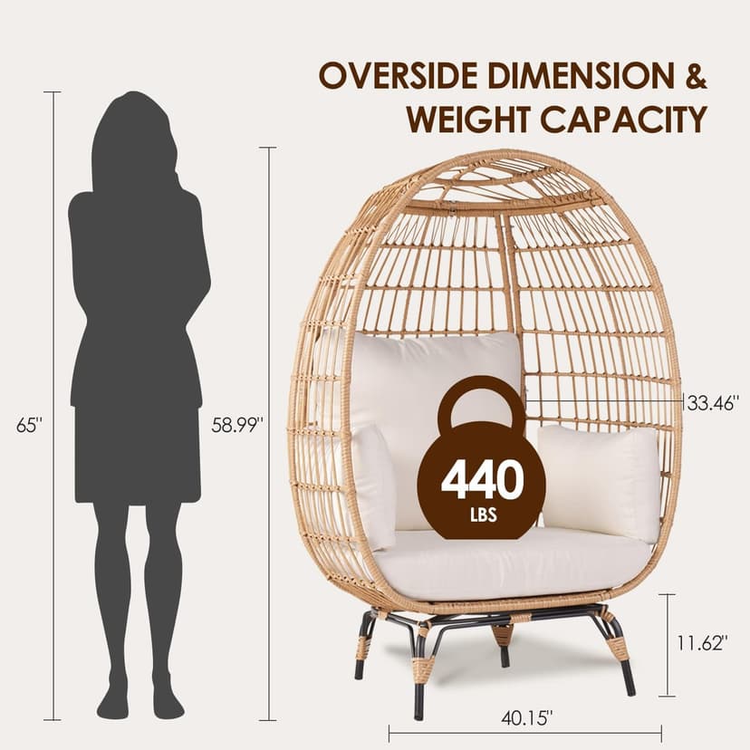 Oversized Wicker Egg Chair Set of 2, Outdoor Indoor Lounger with 4 Cushions, 440lb Capacity, Egg Basket Chair for Living Room, Backyard, Balcony, Patio, Beige