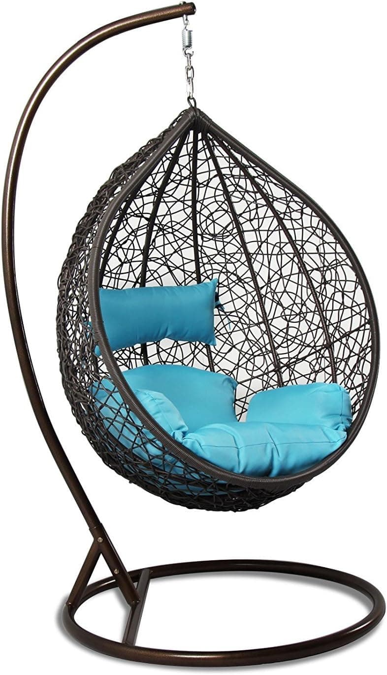 Island Gale Hanging Basket Chair Outdoor Front Porch Furniture with Stand and Cushion (Brown Wicker, Turquoise Cushion)