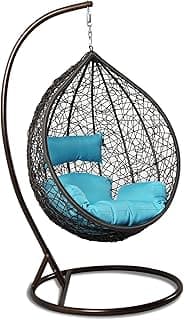 Island Gale Hanging Basket Chair Outdoor Front Porch Furniture with Stand and Cushion (Brown Wicker, Turquoise Cushion)