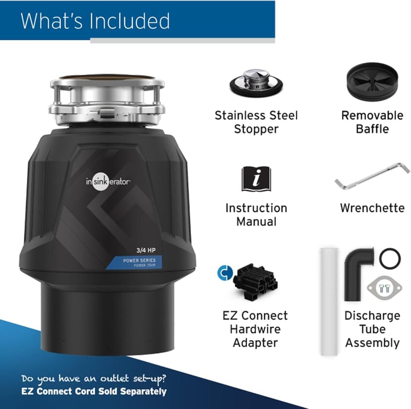 InSinkErator Power .75HP, 3/4 HP Garbage Disposal, Power Series EZ Connect Continuous Feed Food Waste Disposer, Black