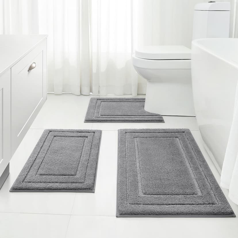 HOMEIDEAS Bathroom Rugs Sets 3 Piece, Super Soft and Absorbent Non Slip Microfiber Toilet Bath Mat with U-Shaped (Grey)