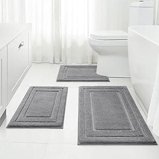 HOMEIDEAS Bathroom Rugs Sets 3 Piece, Super Soft and Absorbent Non Slip Microfiber Toilet Bath Mat with U-Shaped (Grey)