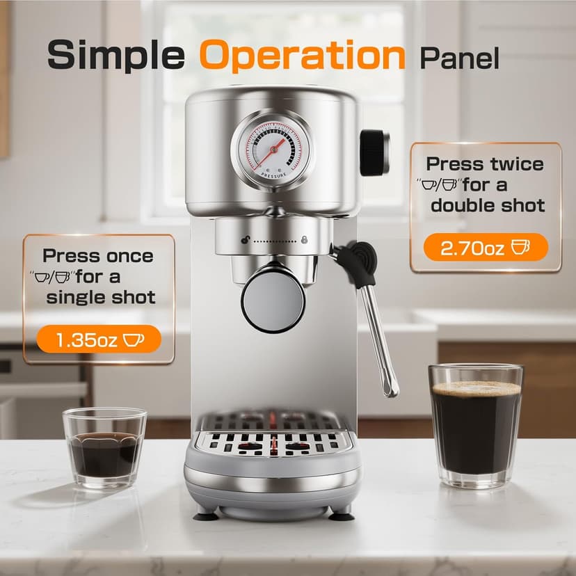Espresso Machine Upgrade, 20 Bar Compact Espresso Coffee Machine with Milk Frother, Stainless Steel Coffee Maker with 44oz Removable Water Tank & Fast Heat System for Cappuccino, Latte