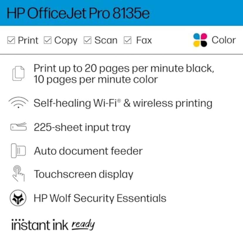 HP OfficeJet Pro 8135e Wireless All-in-One Color Inkjet Printer, Print, Scan, Copy, Fax, ADF, Duplex Printing, Best-for-Home Office, 3 month Instant Ink trial included (40Q35A)
