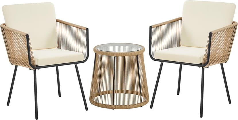 Yaheetech 3 Piece Patio Rattan Bistro Set, Outdoor All Weather PE Wicker Conversation Furniture Set with 2 Chairs & Tempered Glass Top Table & Cushions, for Poolside/Porch/Garden/Yard, Tan/Cream