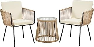 Yaheetech 3 Piece Patio Rattan Bistro Set, Outdoor All Weather PE Wicker Conversation Furniture Set with 2 Chairs & Tempered Glass Top Table & Cushions, for Poolside/Porch/Garden/Yard, Tan/Cream