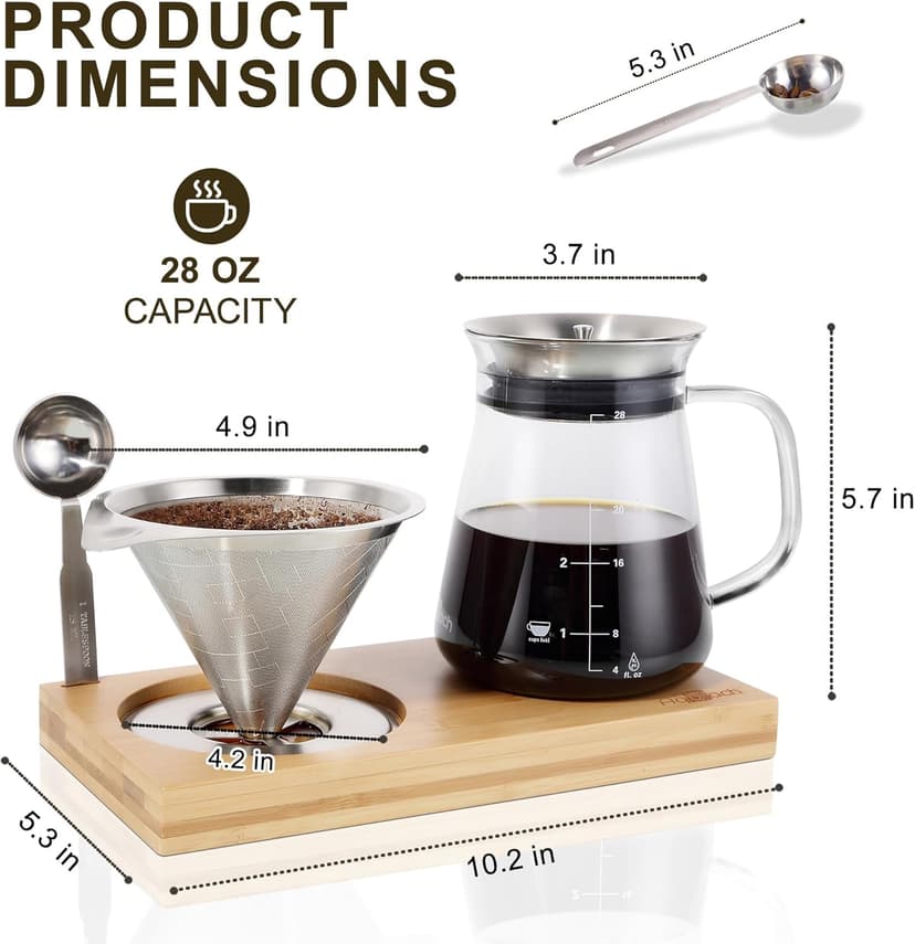 Aquach Pour Over Coffee Maker Set with Extra Large Coffee Dripper, 28 oz Glass Carafe, Stainlesss Steel Coffee Scoop and Bamboo Storage Tray, Unique Set for Home or Office