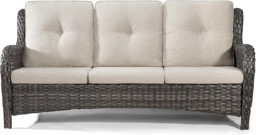 Joyside Outdoor Patio Couch Wicker Sofa - 3 Seater Rattan Sofa for Outside Patio Garden with Deep Seating and Olefin Cushions(Mixed Grey/Beige)