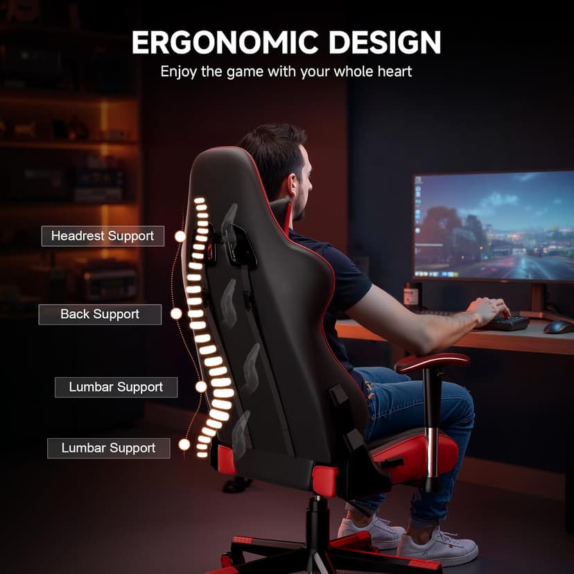 GTRACING Gaming Chair with Reclining Backrest, Adjustable Height and Swivel Base, Ergonomic Computer Chair with Headrest and Lumbar Support (Red)