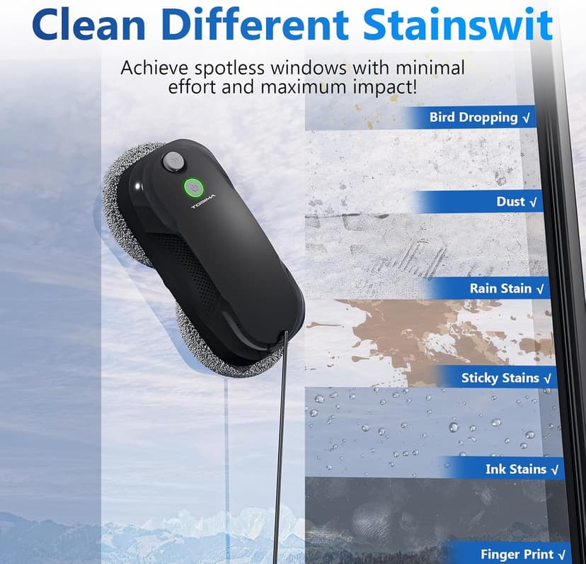Tosima W5 Window Cleaning Robot, Dual Direction Auto-Spray Smart Window Cleaner with Triple Safety System, Smart Navigation, Remote Control, for All Smooth Surfaces, with 8 Rags, Black