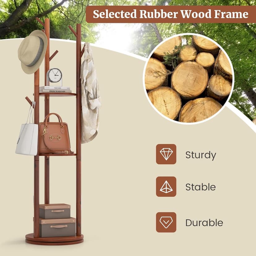 Rotary Coat Rack, Wooden Coat Rack Freestanding with 3 Shelves and 9 Hooks, Coat Tree, Sturdy and Easy Assembly Coat Rack Stand for Entryway,Hallway,Bedroom,Coats,Bags,Hats