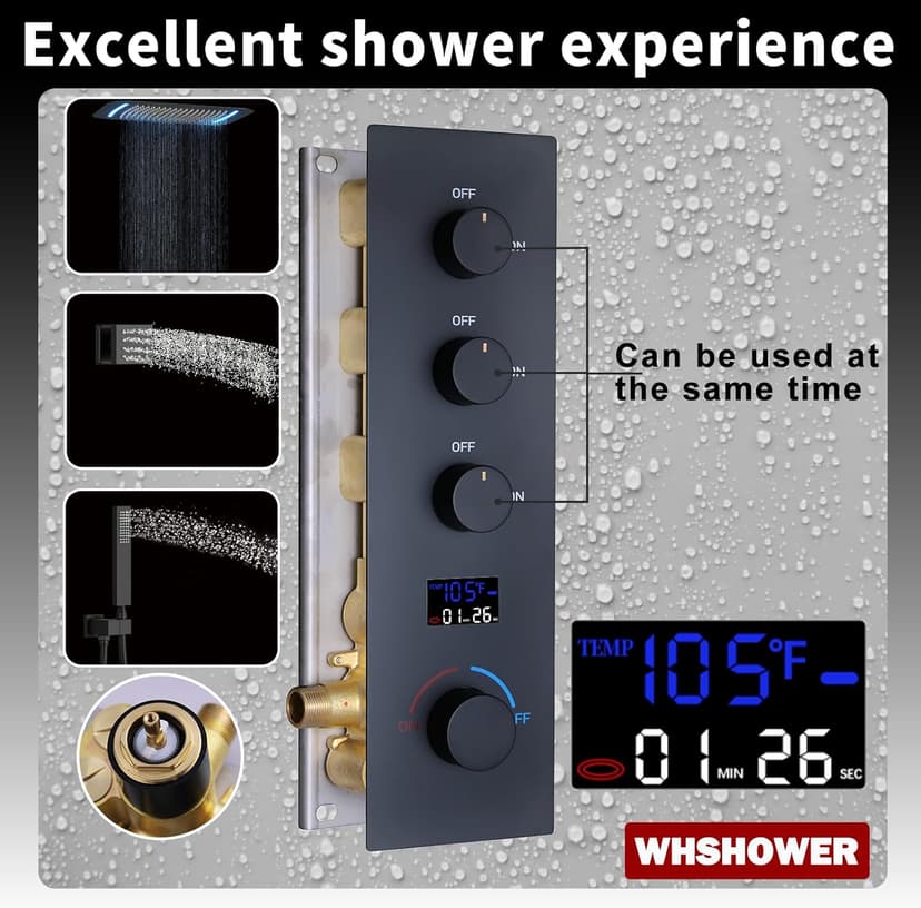 Matte Black Thermostatic Shower System Digital Display Full Body Shower System with 16 x 26 Inch Ceiling Rain LED Shower Head, Handheld Shower and 6 PCS Body Jets
