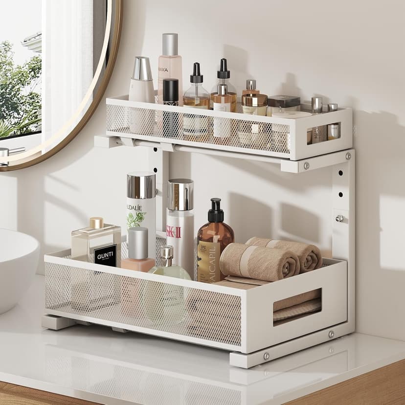 2-Pack Under Sink Storage Organizer, Large 2-Tier Elegant Mesh Pull Out Shelf for Kitchen and Bathroom Cabinet Organization, L-Shaped and Adjustable Height Design for Maximum Space Efficiency-White