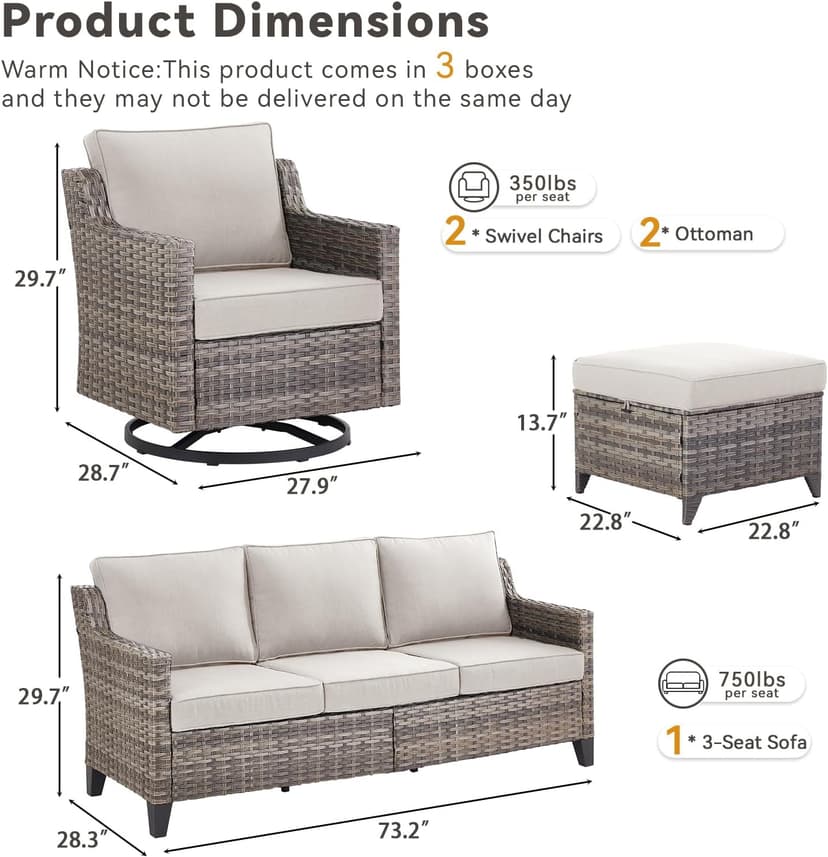 Outdoor Patio Furniture Set-5 Pieces All-Weather Wicker Outdoor Furniture with Swivel Patio Chairs Outdoor Patio Conversation Sets for Garden Porch Deck Grey/Beige