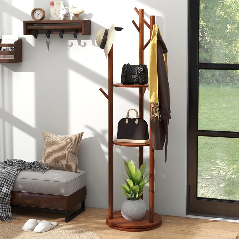 Rotary Coat Rack, Wooden Coat Rack Freestanding with 3 Shelves and 9 Hooks, Coat Tree, Sturdy and Easy Assembly Coat Rack Stand for Entryway,Hallway,Bedroom,Coats,Bags,Hats