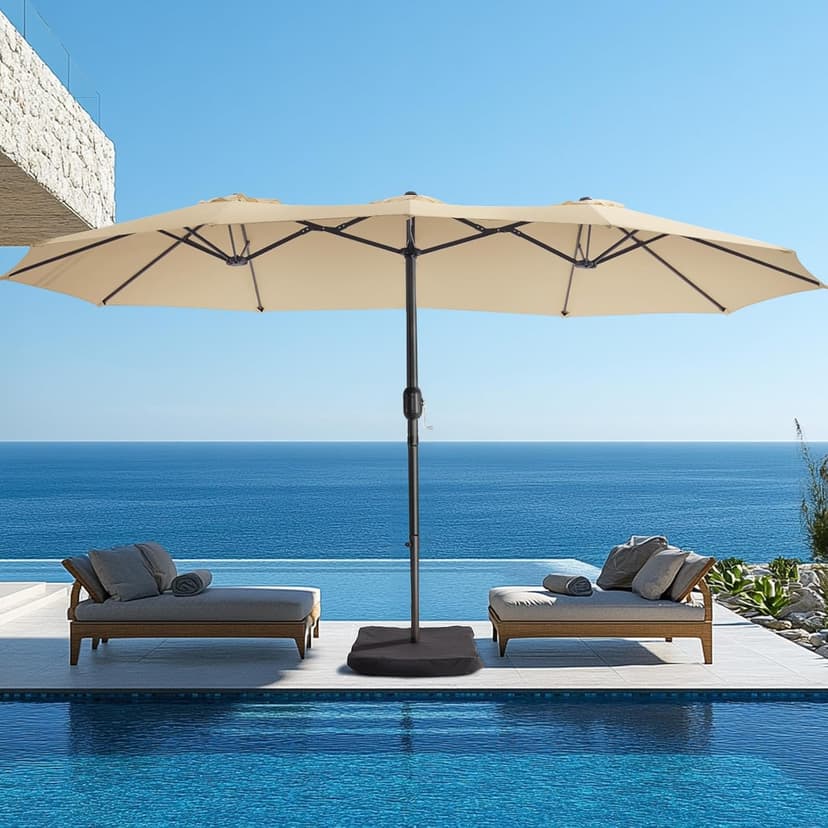 wikiwiki 15ft Large Patio Umbrellas with Base Included, Outdoor Double-Sided Umbrella with Crank Handle, Powerful UV Protective, for Pool Lawn Garden, Beige