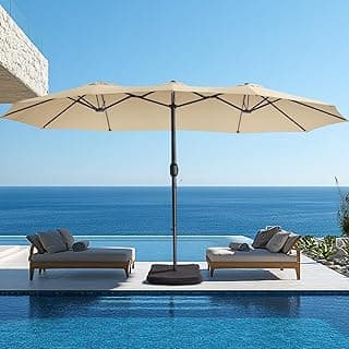 wikiwiki 15ft Large Patio Umbrellas with Base Included, Outdoor Double-Sided Umbrella with Crank Handle, Powerful UV Protective, for Pool Lawn Garden, Beige